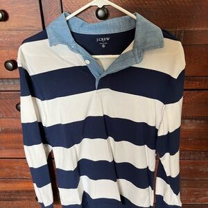 J. Crew Men's Long Sleeve Navy and Cream Striped Rugby  Shirt